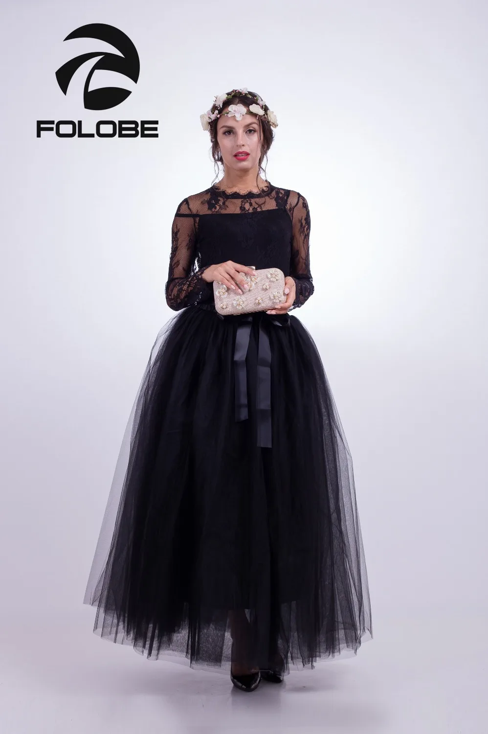 

FOLOBE Stock Black 7-Layer 100m Maxi Long Tulle Skirt Fashion TUTU Skirts Womens Apparel Lolita Petticoat Saias Femininas TT014