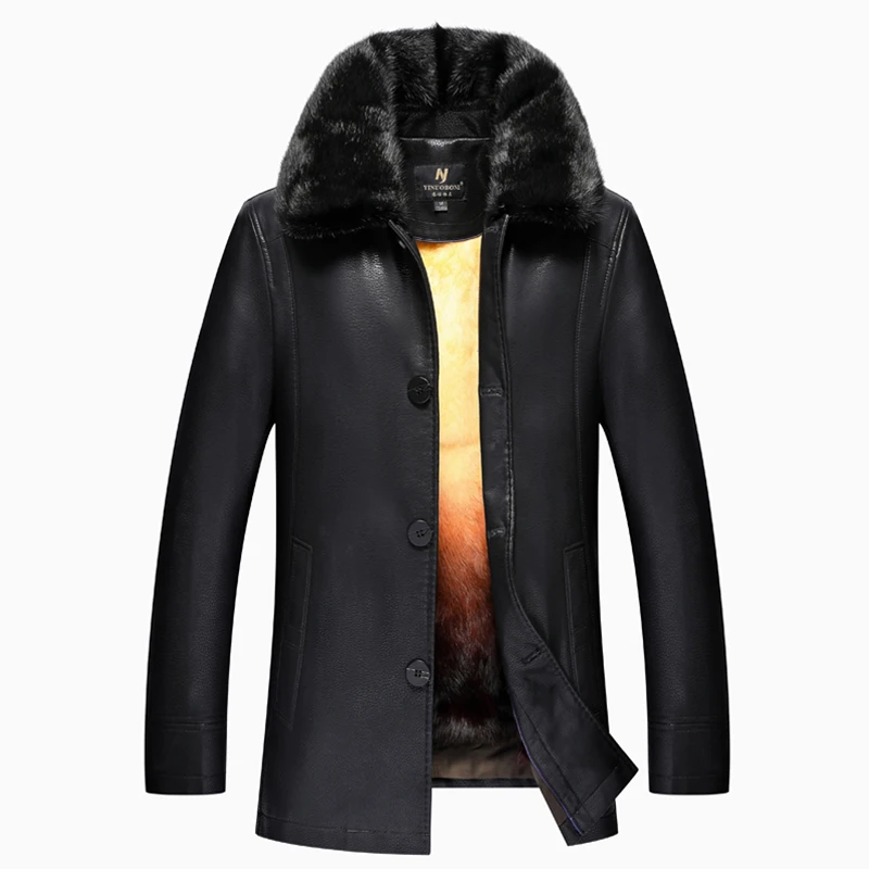 

Fashion Black Men Leather Jacket Men Thick Sable Fur Collar Jacket Winter Coat Men with inner rabbit fur