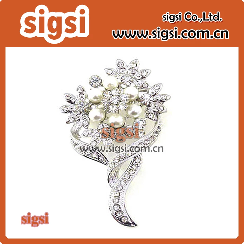 Silver metal fashion acrylic clear rhinestone with pearl brooch pin for decorations for wedding