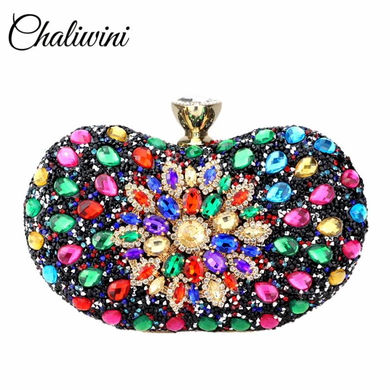 Chaliwini Evening Diamond Two Side Floral Woman Clutch Bag Multi Crystal Sling Package Wedding Purse Matching Wallet Handbags