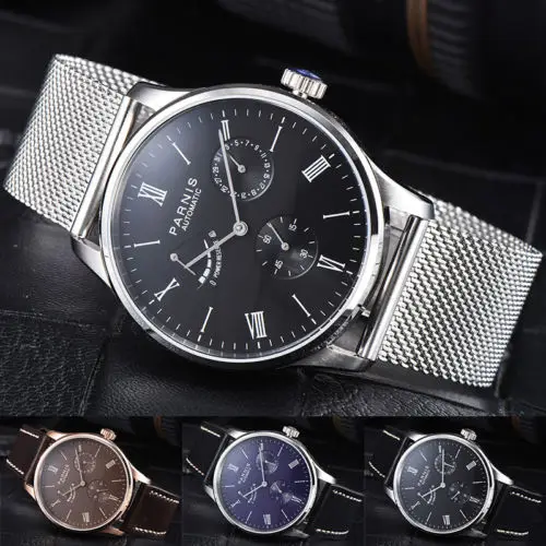 

42mm Parnis Black Brown Blue Dial Date Power reserve Stainless steel Case Luxury Brand Automatic Movement men's Watch