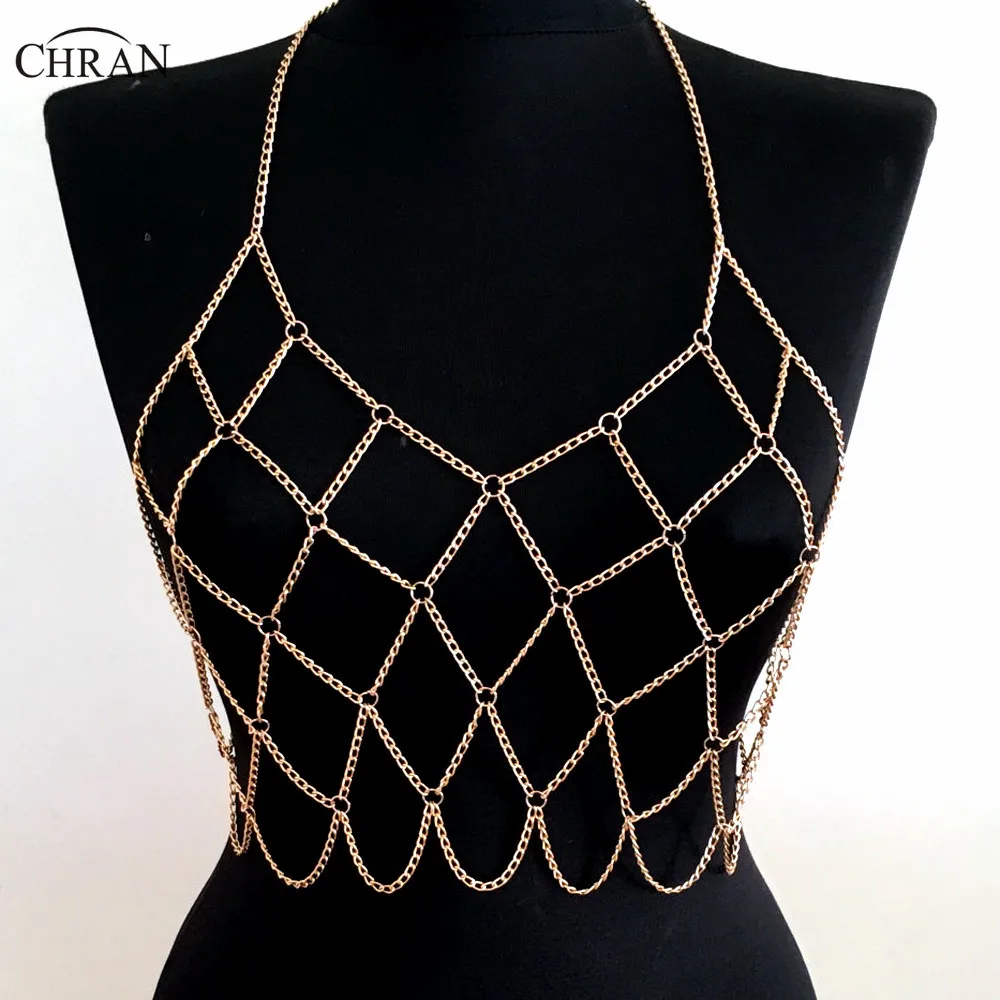 Chran V Collar Beach Chain Bra Sonus Festival Outfit Wear Slave Harness Necklace Chain Bralette EDM Rave Top Bikini EDC Jewelry