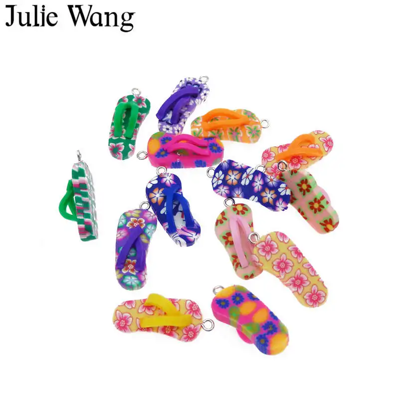 Julie Wang 10/20/30PCS Randomly Mix Flip Flops Charms Pendant Key Chain Polymer Clay Phone Decor Jewelry Making Accessory