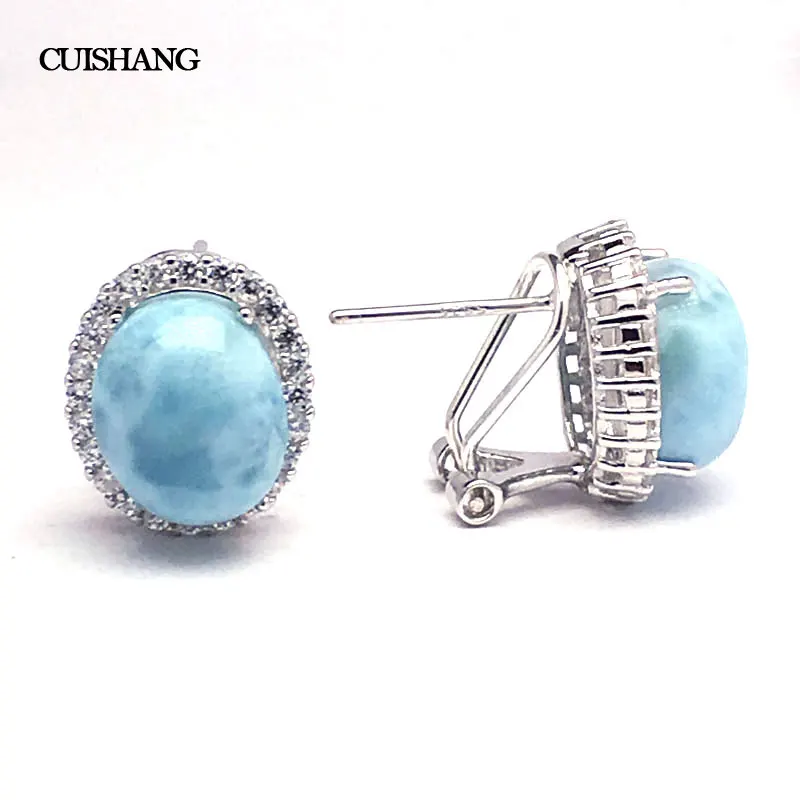 CSJ Natural Blue Larimar Earring Sterling 925 Silver Big Stone 10*12 Wedding Engagement Party for Women Ladies Girls Gift