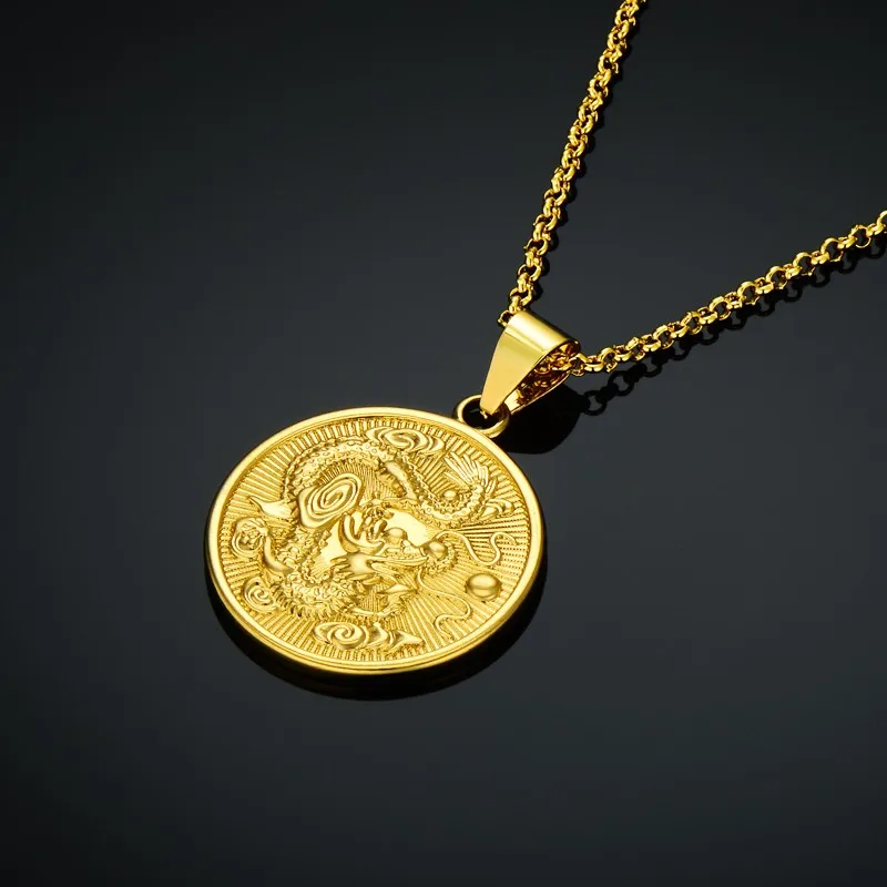 Vintage Jewelry Dragon Necklace Golden Trendy Biker Pendant & Chain For Men/Women Punk Gift Gold Color 19-25inch neclace