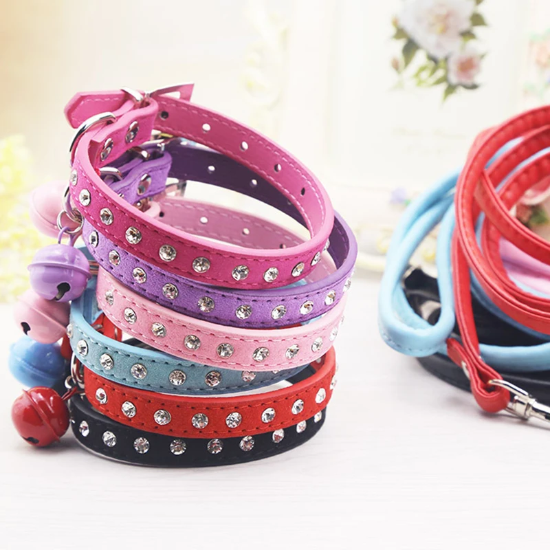 6 Colors 1 Row Rhinestone Dog Cat Collars with Bells + 120cm Leash Sets Diamante Pu Leather Pet Collars for small Cats S M