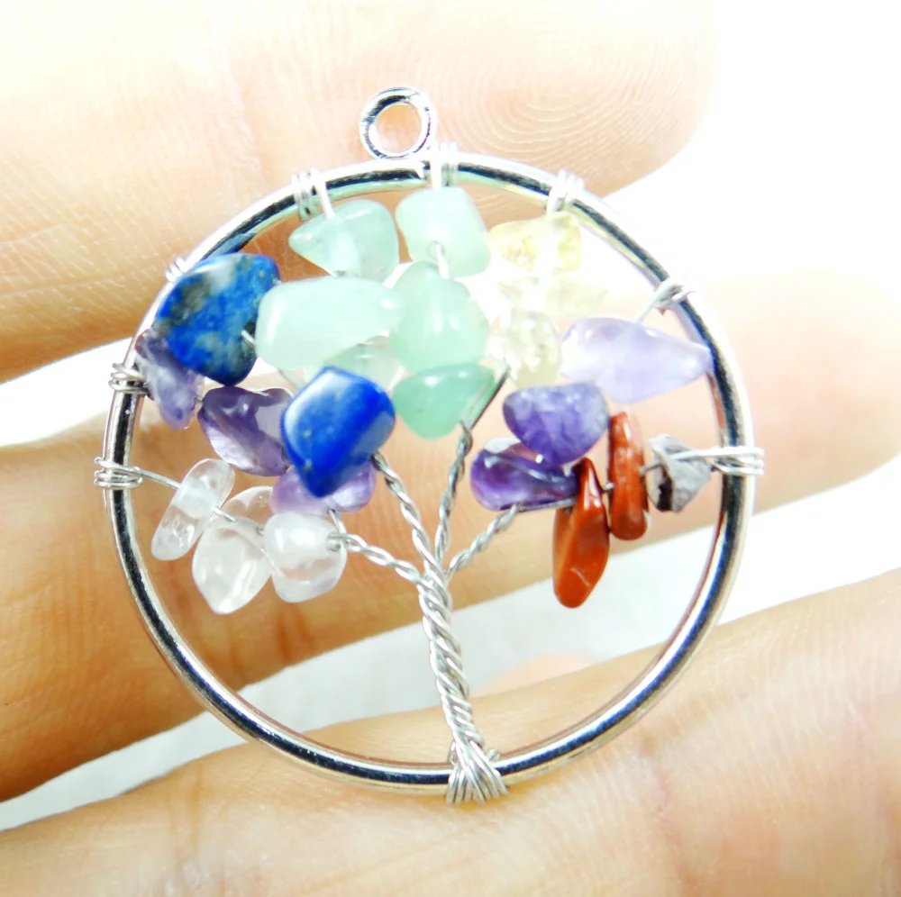 30mm Natural Gem Stone Quartz Crystal 7 Chakras Tiger Eye Tree of Life Pendant For Diy Jewelry Making Necklace Accessories 10pcs