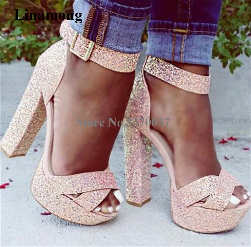 

Bling Bling Women Fashion Peep Toe Sequined High Platform Chunky Heel Sandals Pink Black Shining High Heel Sandals Dress Heels