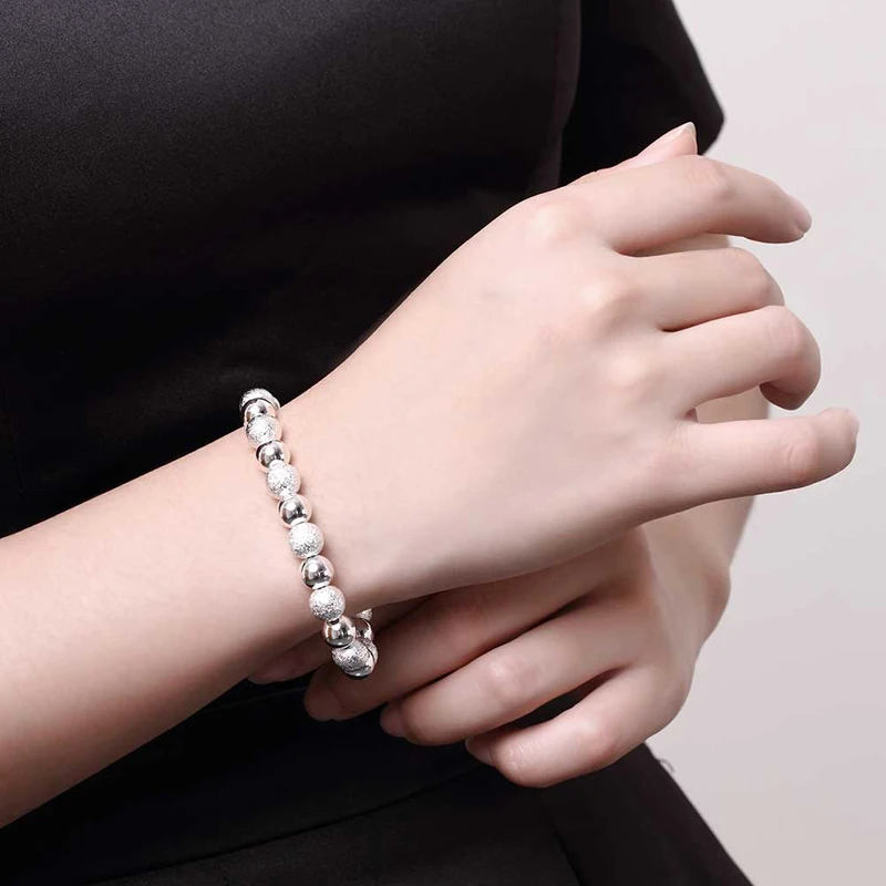 925 Silver Scrub Smooth Beads Bracelet Necklace Chains For Women Fashion Party Jewelry