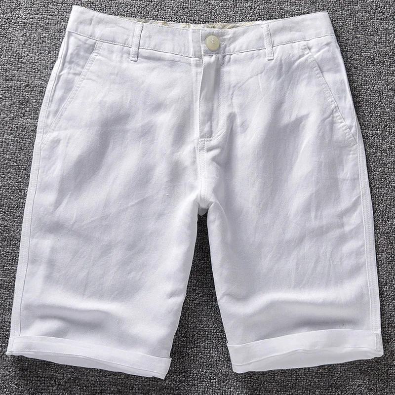 New Fashion Brand Men's Casual Shorts White Solid Shorts Men Linen Cotton Mens Shorts Brand 38 Size 6 Colors  Bermuda Masculina