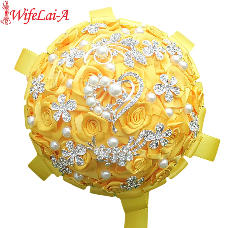 

WifeLai-A Factory Selling Gold Yellow Wedding Bouquets Diamond Brooch Bride Flowers de noiva In Stock Best Quality W125