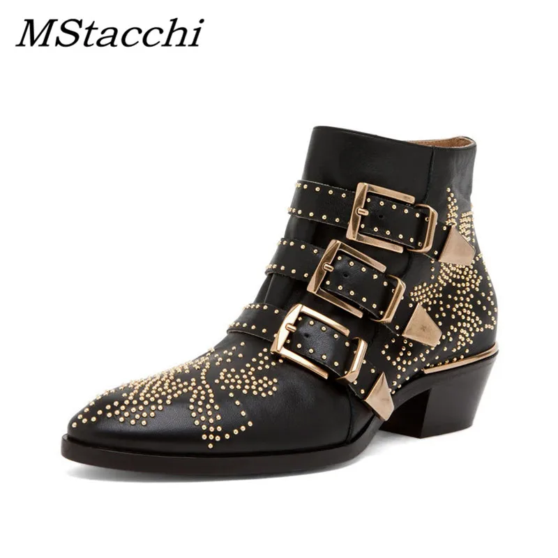 Women\'s Ankle Boots Rivet Flower Susanna Studded Cowboy Boots High Quality Genuine Leather Luxury Shoes Ladies Botines Mujer