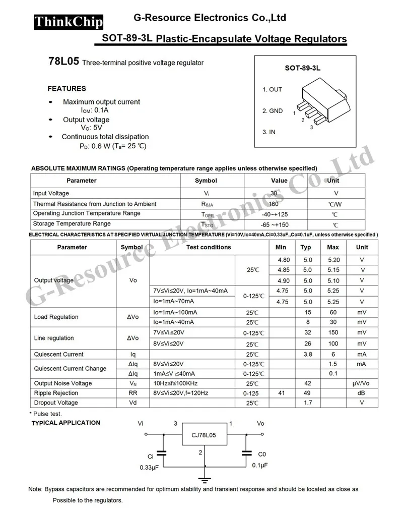 ترانزستور منظم جهد ثلاثي الأطراف, 78L05 CJ78L05 SOT-89 SMD (50 قطعة)