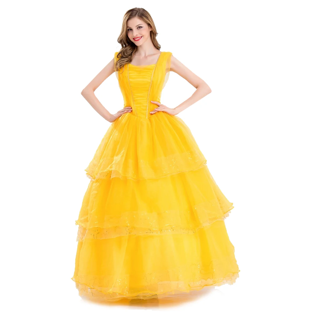 

Halloween Cosplay Adult Princess Belle Costume Adult women Princess Party Ball Gown Flower Women Yellow Dress