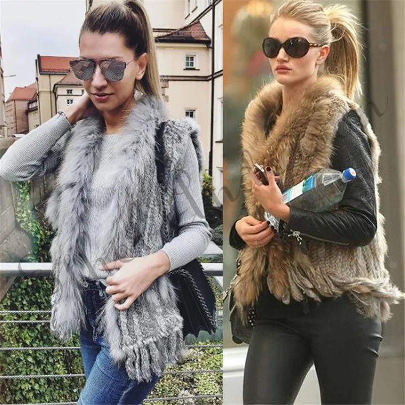 ETHEL ANDERSON Genuine Women\'s Rabbit Fur Vest Gilet Tassels Real Fur Coat Kintted Waistcoat Raccoon Fur Collar Outwear