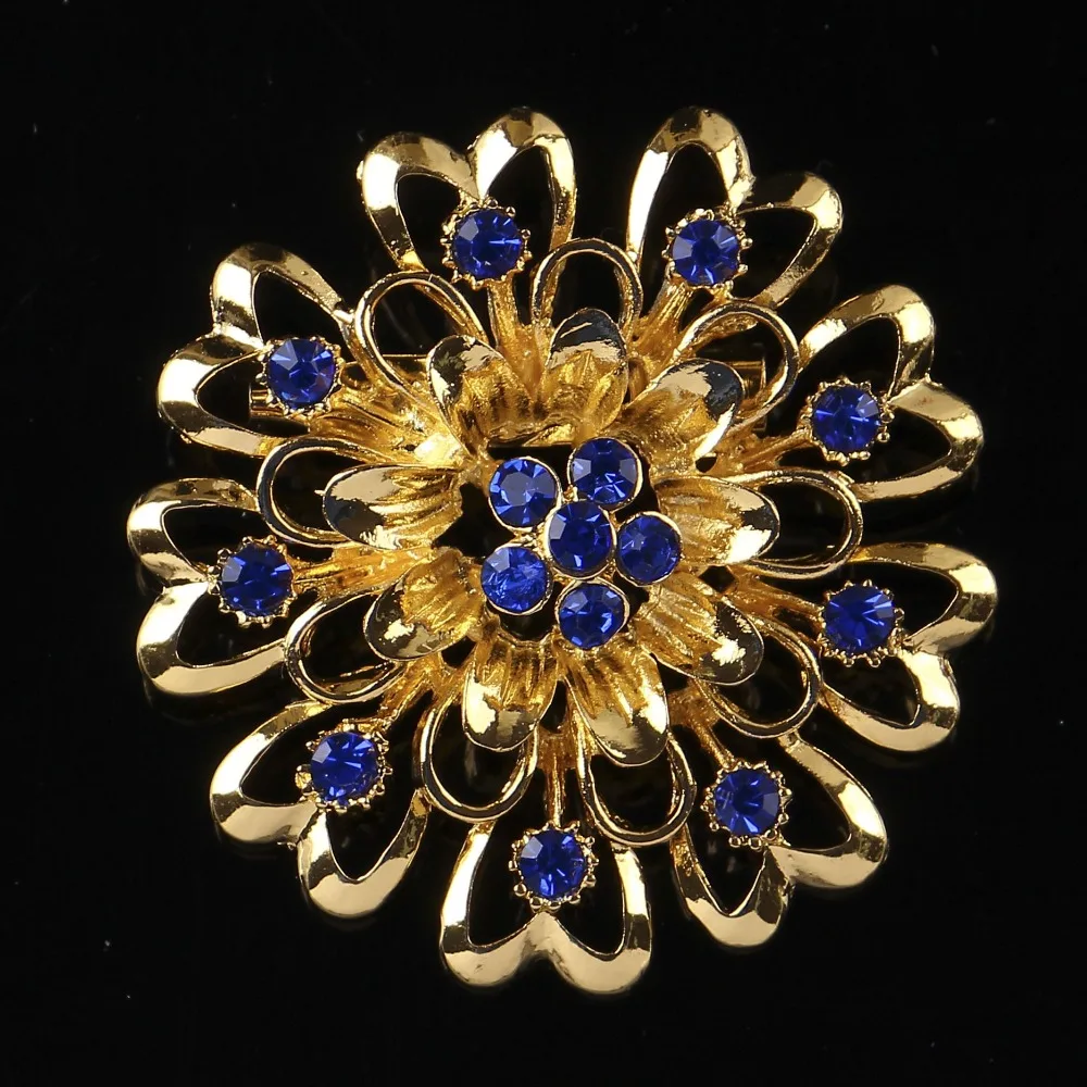 DIEZI Korean Gold Color Blue Crystal Brooches for Wedding Women Party Dress Rhinestone Bridal Bouquet Flower Bowknot Brooch pins