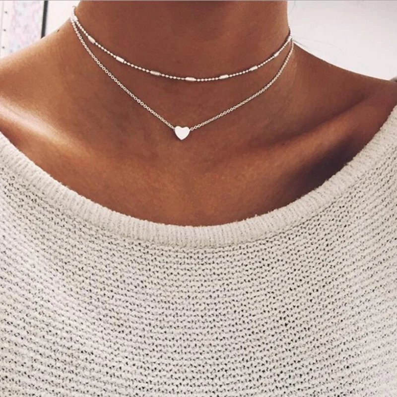 New Double Layer Necklace For Women Heart Pendant Chokers Necklaces Girls Gift Bohemia Cheap Jewelry Multilayer Bohemia Jewlery