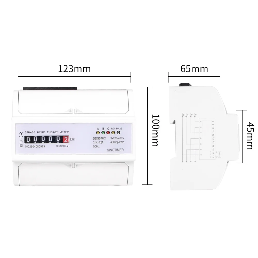 Durable Three Phase Analog Electronic Energy Counter Mechanical KWH Meter AC 380V 5-100A  DIN Rail Mounting