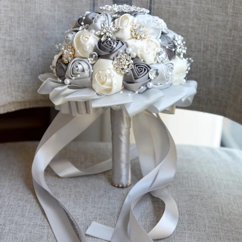 

Newest grey + cream Wedding Bouquet Rose Bride Bouquet Artificial Flowers Bouquets Diamond Crystal Marriage