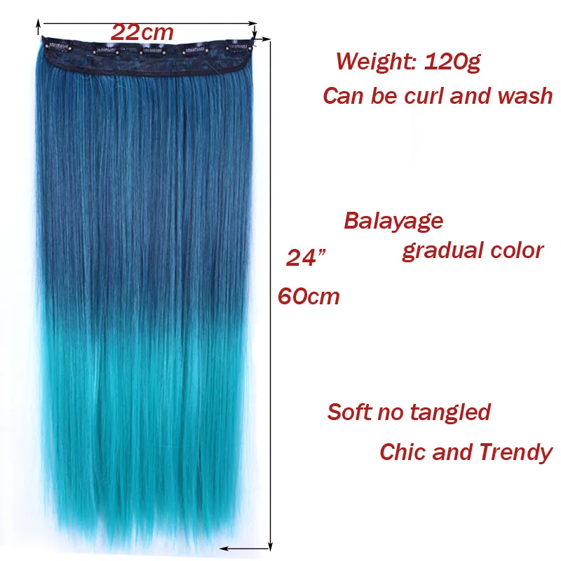 Jeedou Synthetic Clip In Hair Extension Pink Blue Green Ombre Color One Piece With 5Clips Straight Halloween Cosplay Hairpieces