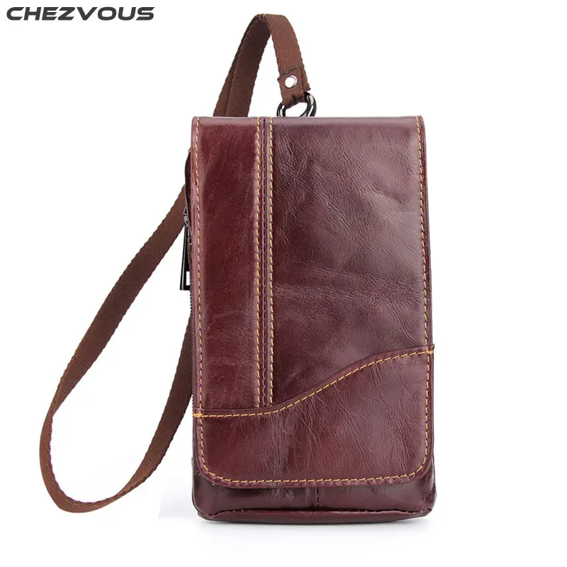 CHEZVOUS 6.3'' Leather Small Belt Bag Men Mobile Phone Bag Case for iPhone/Samsung/Huawei/Xiaomi/Nokia with Neck Strap Universal