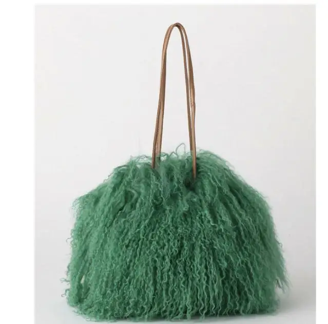 New Winter Bucket Real Fur Shoulder Bags Japan Beach Wool Cylinder Handbag Wool Plush Women Bag Crossbody Handbag purse