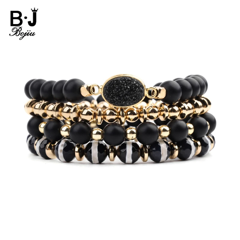 

Браслеты BOJIU BCSET288 женские из натурального камня, эластичные овальные Druzy черные Агаты, золотистые бусины из гематита, 4 шт./компл.