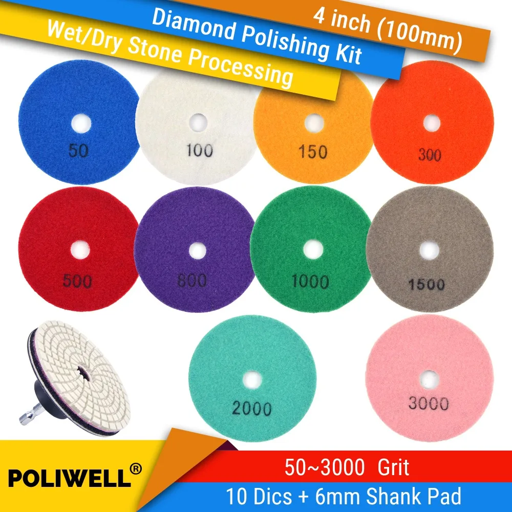 4 Inch (100mm) 10 pcs/set Diamond Polishing Kit Hook&Loop Wet/Dry Grinding Discs + 6mm Shank Sanding Pad For Stone Processing