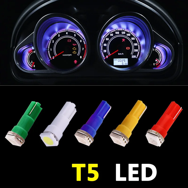 10PCS  T5 LED Car Lights Bulb Wedge Instrument Panel Light Dashboard tachometer speedometer fuel gauge Auto Accessories