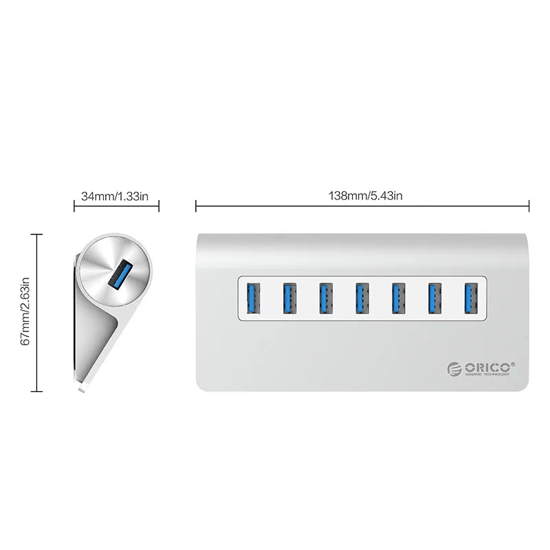 Imagem -04 - Orico Alumínio Portas Usb 3.0 Hub com 12v Adaptador de Alimentação Extensão Múltipla Porta para Computador Macbook Acessórios do Computador Otg Hub Usb