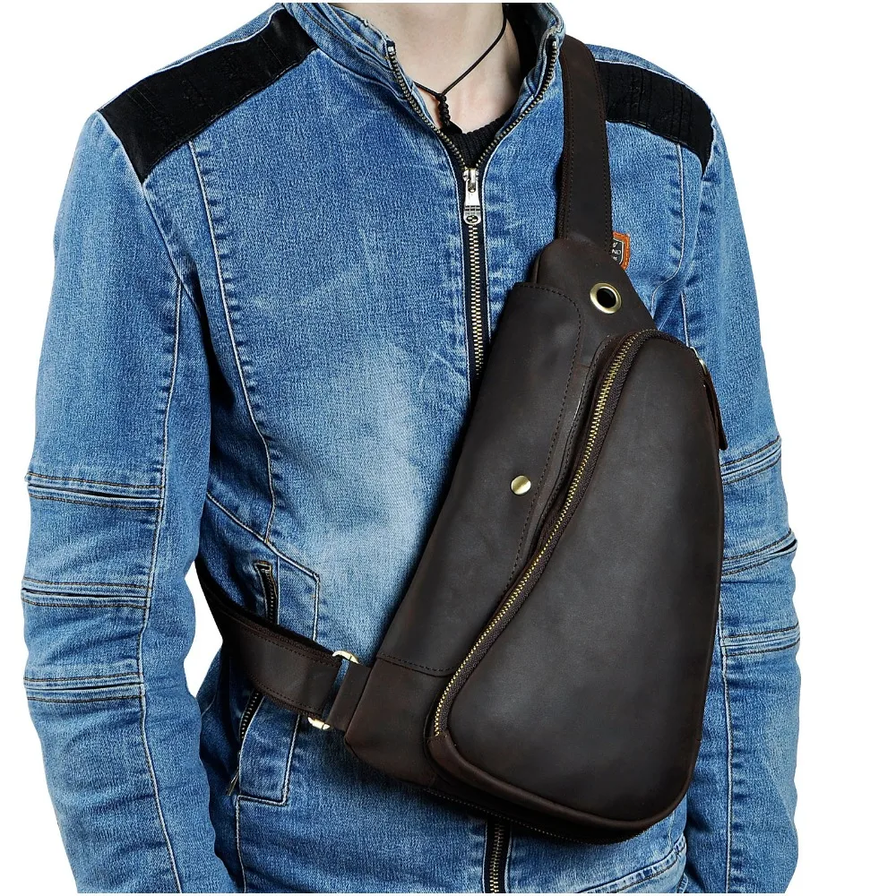 Quality Men Crazy Horse Leather Casual Fashion Waist Pack Chest Sling Bag Design One Shoulder Crossbody Bag For Male 9976-d