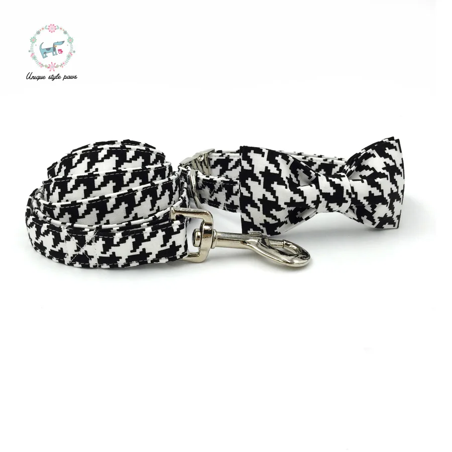 Dog Collar and Perro Leash Set with Bow Tie Cotton Dog &Cat Necklace and Dog Lead Pet Products Fashion Houndstooth