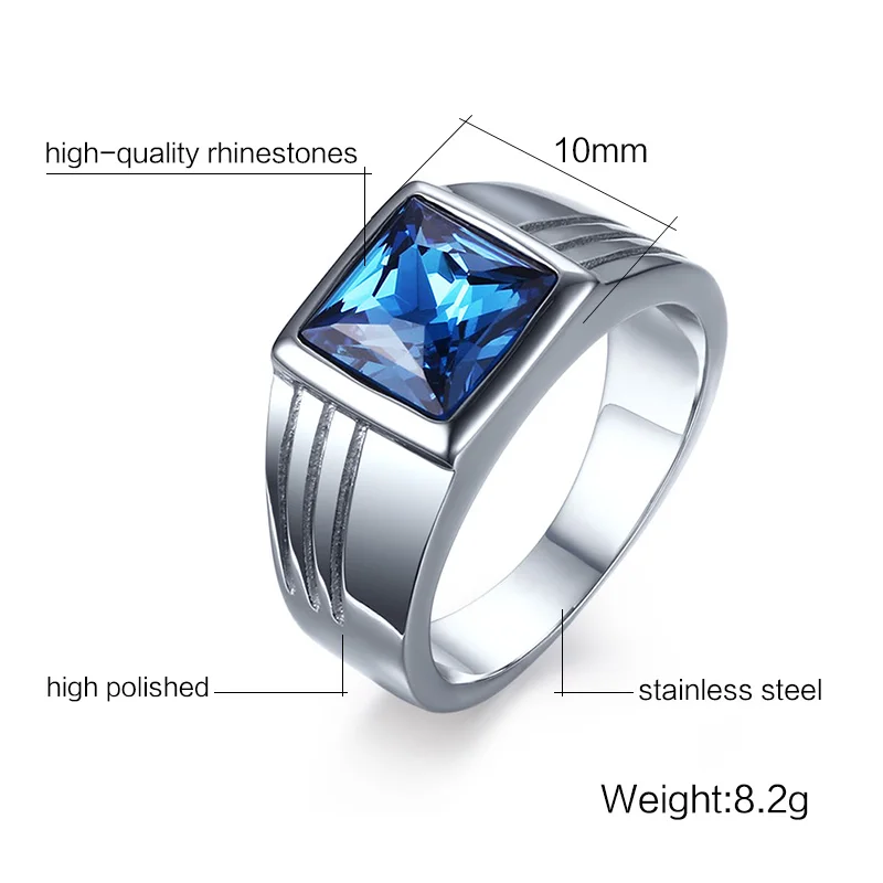 Vnox Blue CZ Zircon Engagement Band Ring for Men Silver Color Stainless Steel High Quality