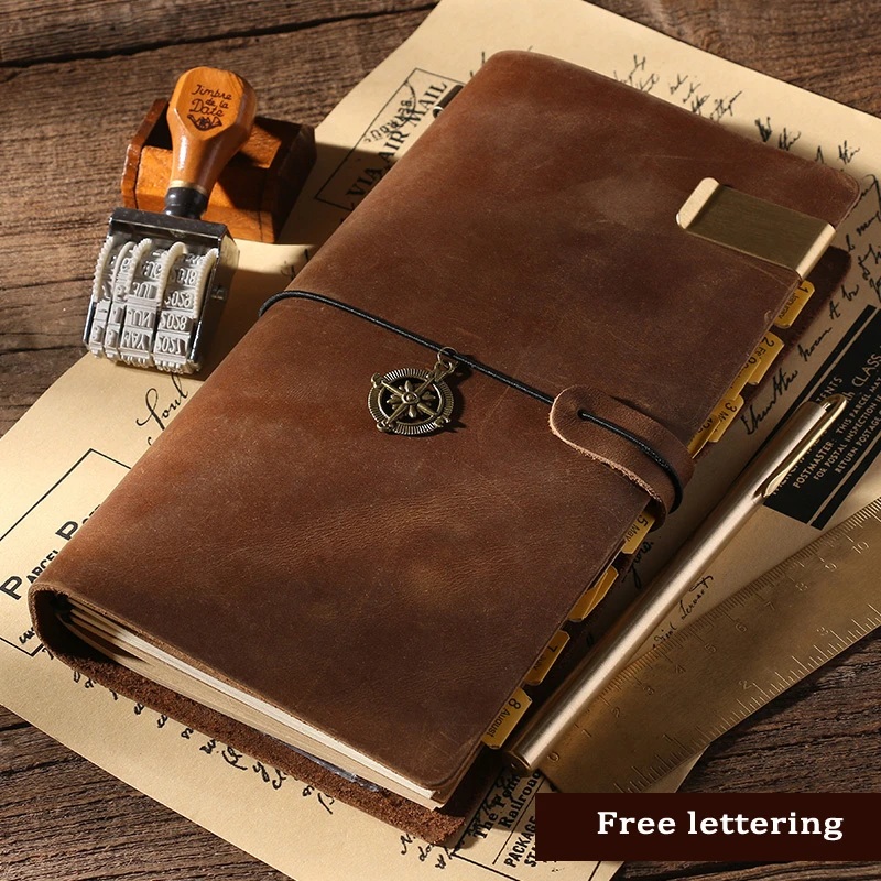 100% Genuine Leather Notebook Handmade Vintage Cowhide Diary Journal Sketchbook Planner Stationery Gift Traveler  Free lettering