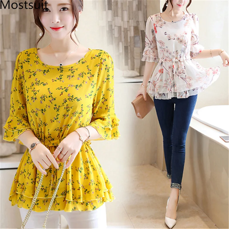 Blus Tunik Cetak Sifon Musim Panas Atasan Pullover Ruffles Leher-o Lengan Flare Wanita Blus Elegan Kasual Korea