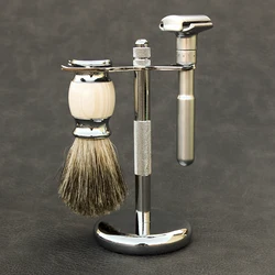 Classic Safety Razor With 100% Pure Badger Hair Shaving Brush With Stand Holder for Double Edge Straight Razor
