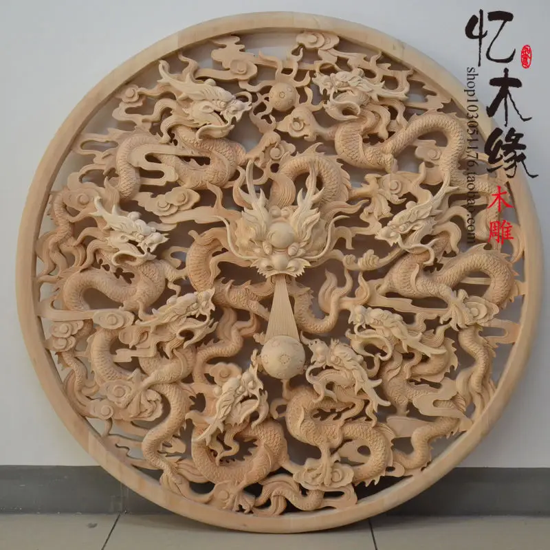 

Dongyang wood carving 1.2 meters round figure Home Furnishing jewelry pendant Kowloon Feng Shui background wall mural wall entra