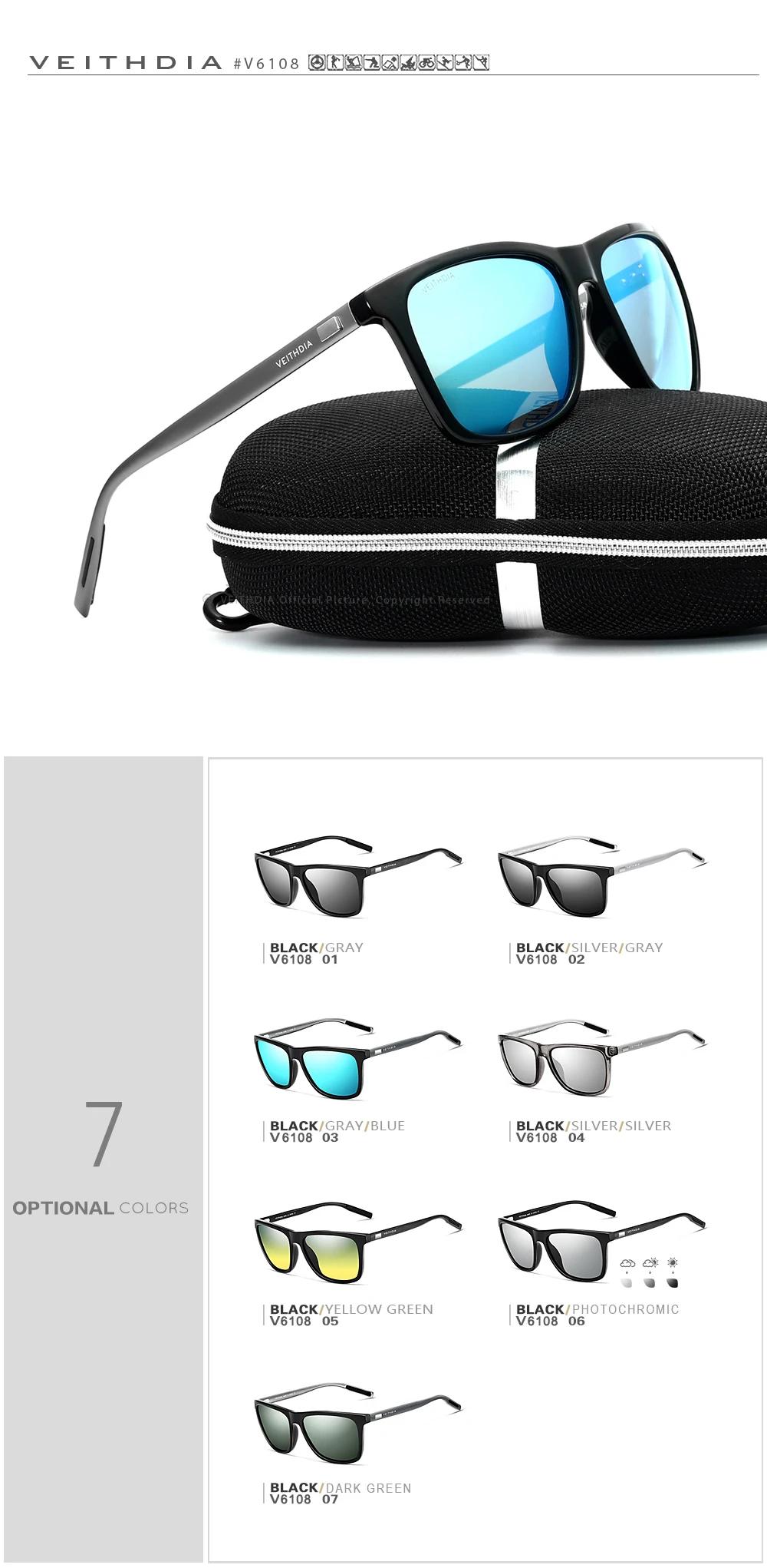 VEITHDIA Unisex Polarisierte Sonnenbrille UV400 TR90 Aluminium-Magnesium Sport Outdoor Vintage Sonnenbrille für Männer und Frauen V6108 – Detail 9