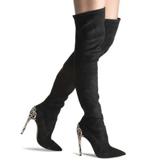 

Zapatillas Mujer Newest Brand Gold-tone Baroque Decoration Heel Thigh High Boot Designer Black Suede Leather Over The Knee Boots