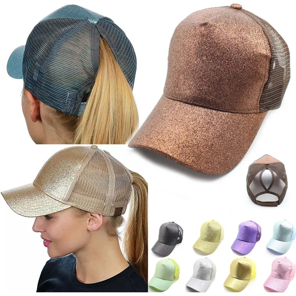 Sombrero de malla con cola de caballo para hombre y mujer, gorra de béisbol con lentejuelas ajustables, brillante, deportiva, para bailar, para el