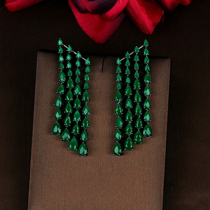 HIBRIDE Sparkling Water Drop Cubic Zirconia Tassel Earring Brincos Jewelry Green And White CZ Earrings Wholesale Price E-813