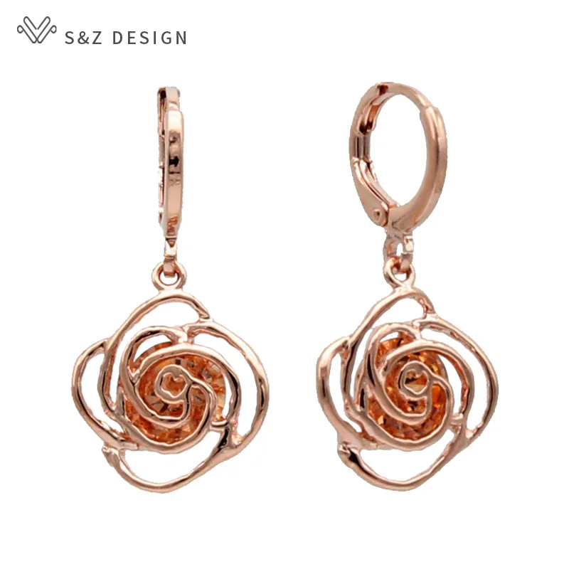

S&Z Spring New 6 Color Rose Flower 585 Rose Gold Cubic Zircon Earrings Korean For Women Fashion Fine Cute Jewelry