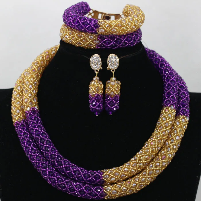 Nigerian Wedding Beads Necklace Purple Gold Handmade Seed Beads African Bridal Jewelry Sets Free Shipping ABK106