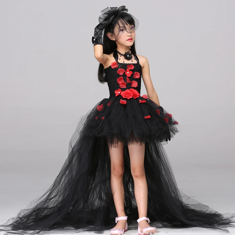 POSH DREAM Black Flower Petals Rhinestone Girls Dresses for Party Red Flower Kids Girls Tutu Dress with Train Tulle Kids Clothes
