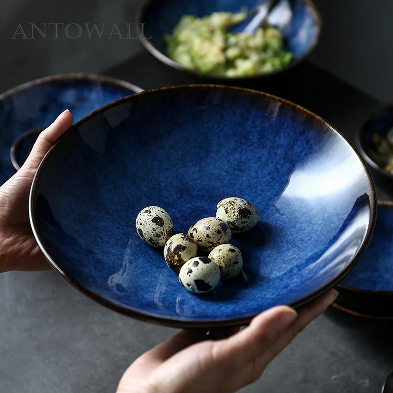 ANTOWALL Dim Blue Ceramic Tableware Dinner Set Bowl Dishes Plate Services Set Porcelain Tableware