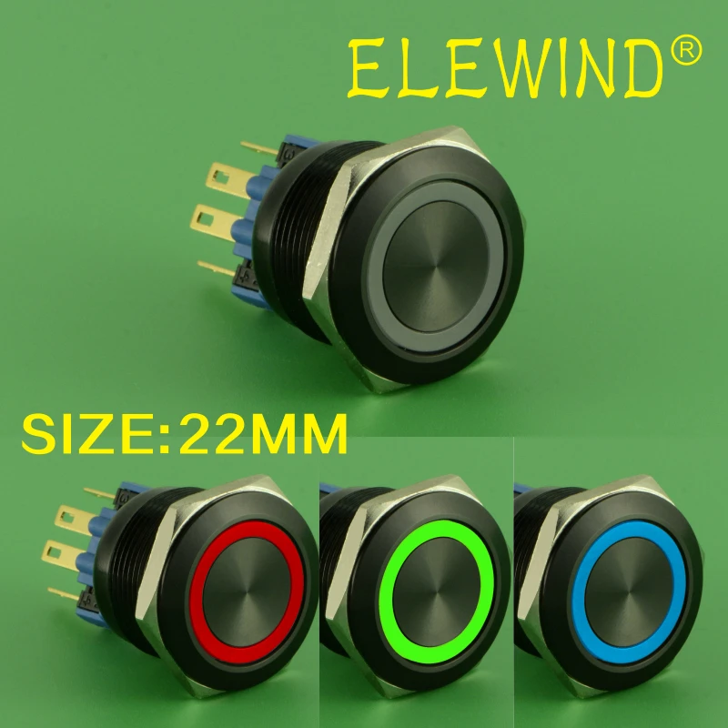 22mm  black aluminium or Stainless steel 3 three led color ring illuminated push button switch momentary(PM221F-11E/RGB/12V/A)