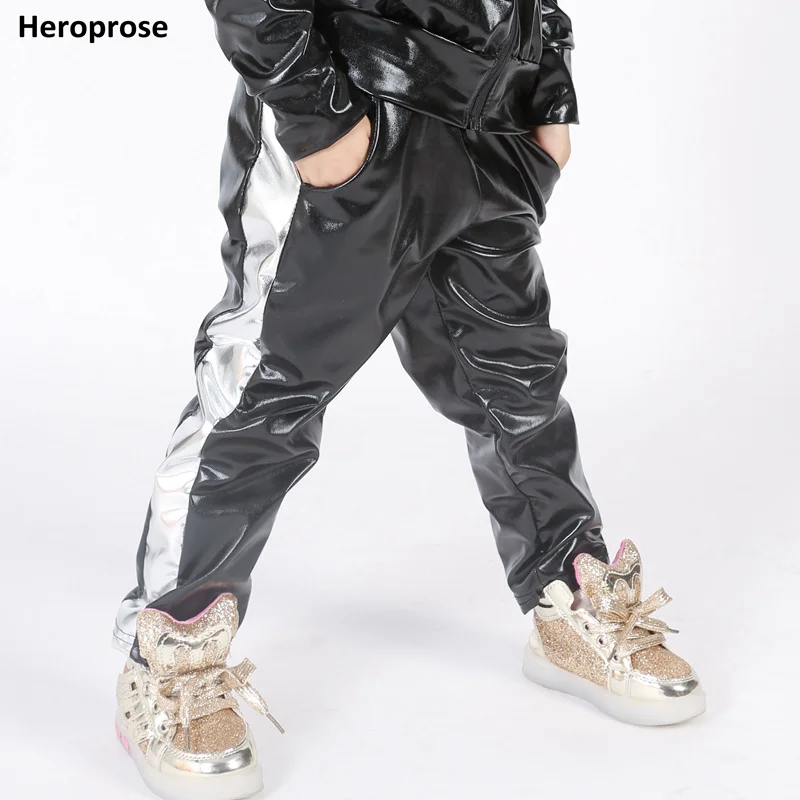 Spring Autumn 2021 Kid Adults Hip Hop Pant Side Silver Patchwork Stage Performance Wear Jazz Show Clothing Dance Harem Trousers