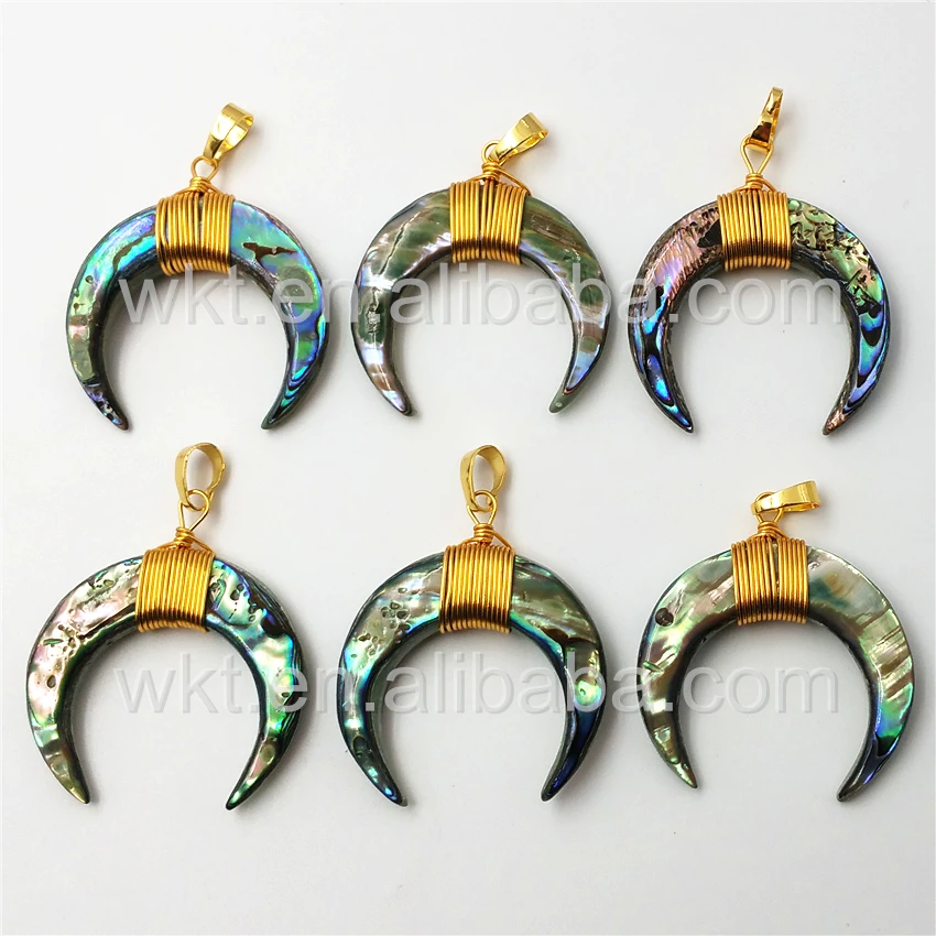 WT-P939 Hot sales Natural Abalone Crescent horn pendant handmake wire wrapped genuine Abalone shell horn pendant