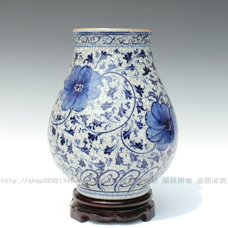 Ceramics blue and white antique guanyao crack glaze vase adhesins peony bucket decoration