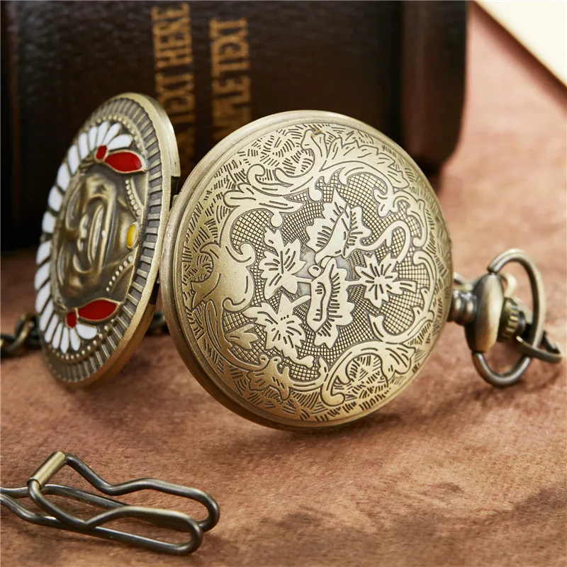 Retro Indian Character Avatar Quartz Pocket Watch FOB Chain Bronze Hand Wind Quartz Mens Womens Watches